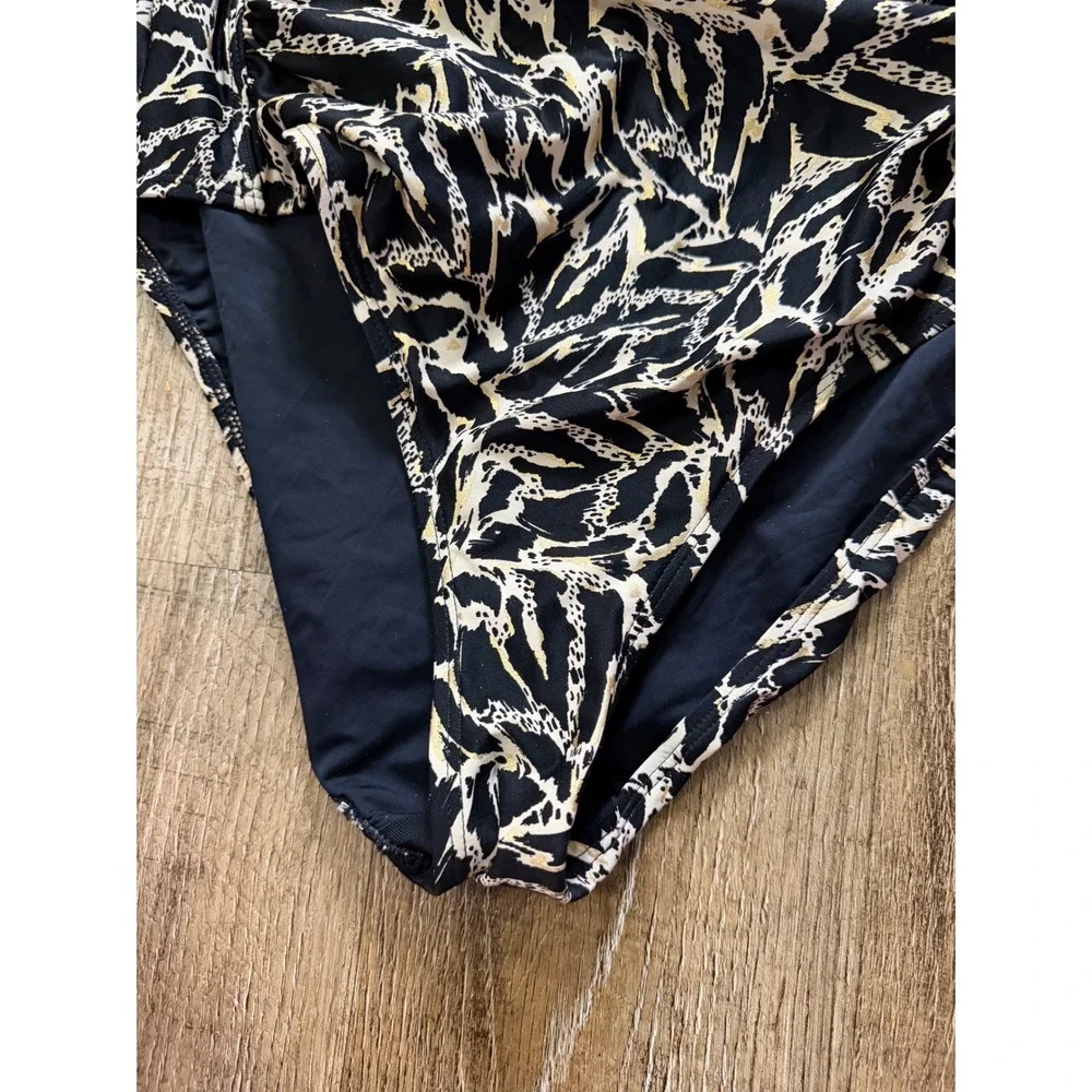 Nip Tuck Swim One Piece Blouson Swimsuit Black Cream Animal Print Size US 12